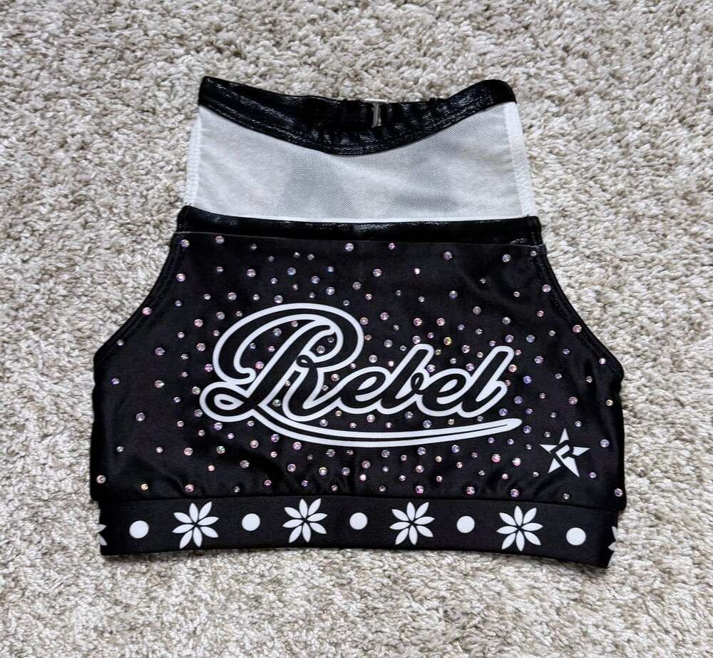 Rebel Athletic Rhinestone and Mesh Cheer Sports Bra Crop Top Black